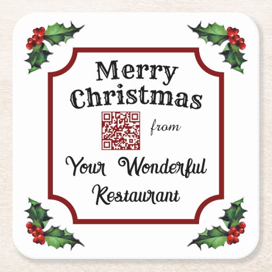 Christmas Holly Custom QR Code Restaurant Rechteckiger Pappuntersetzer (Vorderseite)