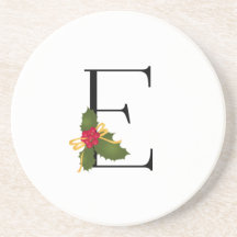 Christmas Holly Elegant Monogram Letter E Round