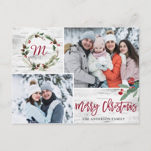 Christmas Holly FOTO Birch Bark Holiday Gruß Postkarte (Vorderseite)