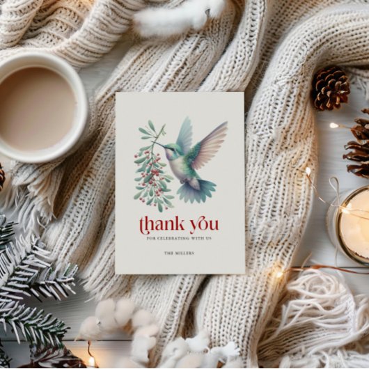 Christmas Holly Hummingbird Thank You Typography Dankeskarte
