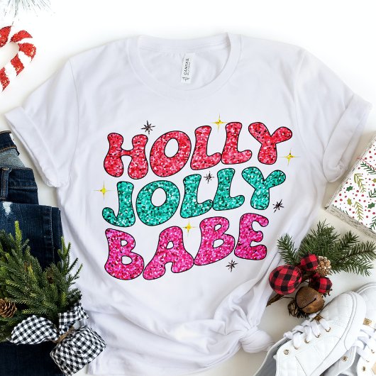 Christmas Holly Jolly Babe Modern Glitzer Script Tri-Blend Shirt
