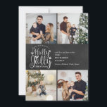 Christmas Holly Jolly Chalkboard 4 Foto Collage Feiertagskarte<br><div class="desc">Ein elegantes Holly Jolly 4 Foto Collage Urlaubsplanung für Sie,  um mit Ihren Lieblings-Fotos,  Botschaften,  Namen und Jahr auf einem Chalkboard-Hintergrund zu personalisieren. Auf der Rückseite sind fallende Schneeflocken auf einem passenden Chalkboard-Hintergrund zu sehen. Entwickelt von Thisisnotme©</div>