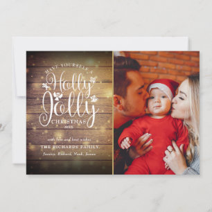 Christmas Holly Jolly Script Rustic Wood Foto Feiertagskarte