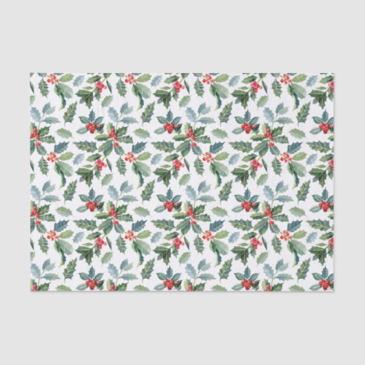 Christmas Holly Leaves and Berries on White Seidenpapier (Vorderseite)