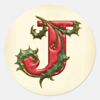 Christmas Holly Monogram J Umschlag Aufklebers Runder Aufkleber