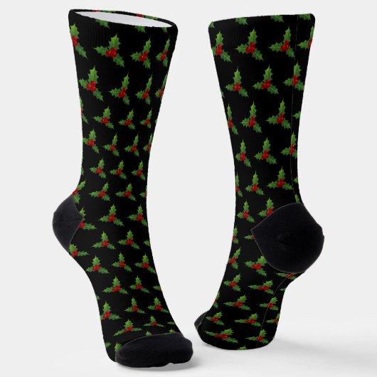 Christmas Holly Pattern Black Socken (Gewinkelt)