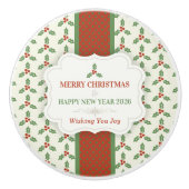 Christmas Holly Pattern Green Holly Red Berries Keramikknauf (Vorderseite)