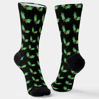 Christmas Holly Pattern on Black Socken