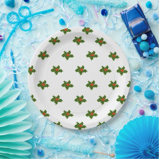 Christmas Holly Pattern Red Berries Green Blätter Pappteller (Party)