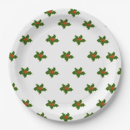 Christmas Holly Pattern Red Berries Green Blätter Pappteller