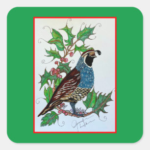 Christmas Holly Quail Quadratischer Aufkleber