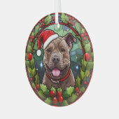 Christmas Holly Santa Staffordshire Terrier Dog Ornament Aus Glas (Vorderseite links)