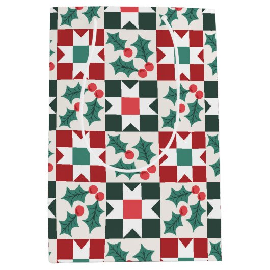 Christmas Holly Verlasst Geo Quilt Mittlere Geschenktüte (Vorderseite)