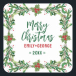 Christmas Holly Wreath Quadratischer Aufkleber<br><div class="desc">Weihnachtskranz mit individualisierbarem Text - Frohe Weihnachten. Elegantes modernes Aquarelldesign.</div>