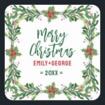Christmas Holly Wreath Quadratischer Aufkleber<br><div class="desc">Weihnachtskranz mit individualisierbarem Text - Frohe Weihnachten. Elegantes modernes Aquarelldesign.</div>