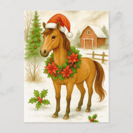 Christmas Horse Cozy Winter Watercolor Postcard Feiertagspostkarte