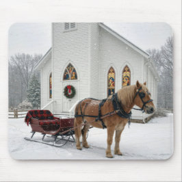 Christmas Horse-Drawn Sleigh Waiting By a Chapel Mousepad
