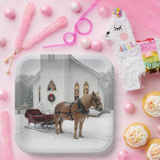 Christmas Horse-Drawn Sleigh Waiting By a Chapel Pappteller (Party)