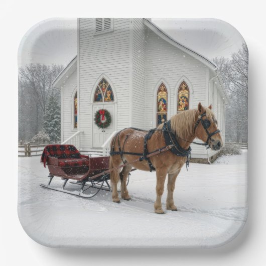 Christmas Horse-Drawn Sleigh Waiting By a Chapel Pappteller (Vorderseite)