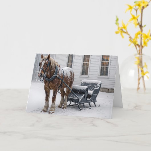 Christmas Horse Harnessed to a Sleigh By a Chapel Karte (Gelbe Blume)