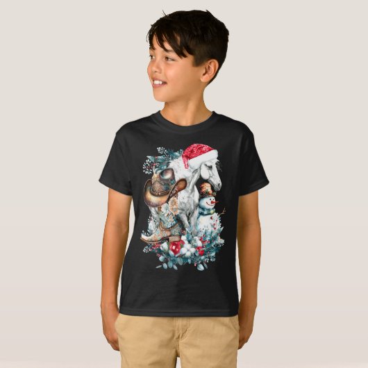 Christmas Horse In Santa Hat Cowgirl Cowboy Boots T-Shirt (Vorne ganz)