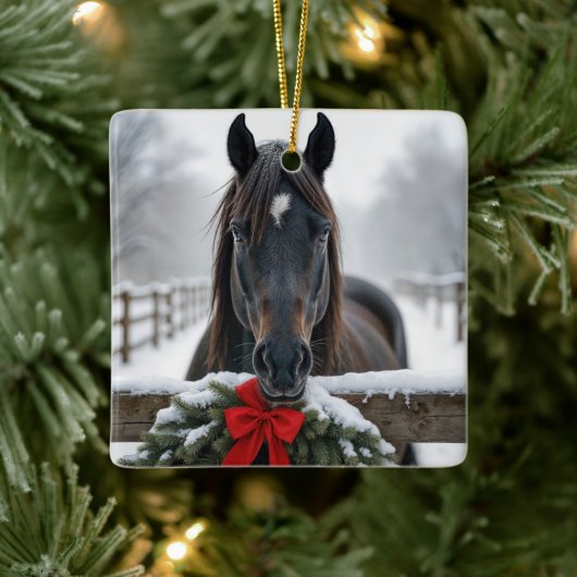 Christmas Horse With a Wreath on a Fence Keramikornament (Baum)