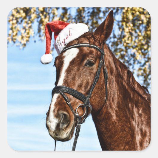 Christmas horse with hat quadratischer aufkleber (Vorderseite)