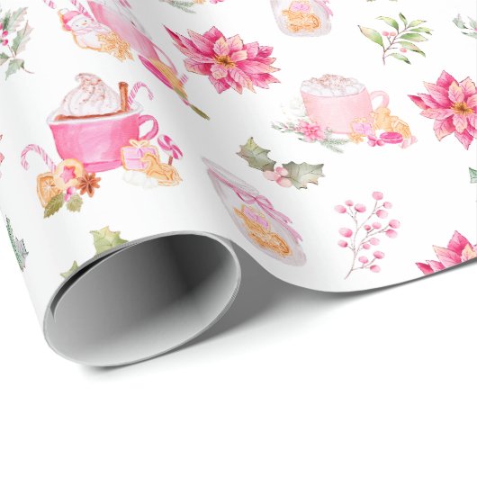 Christmas Hot Cocoa and Pink Poinsettias Geschenkpapier (Rolleneckpunkt)