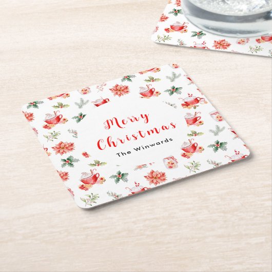 Christmas Hot Cocoa and Red Poinsettias Rechteckiger Pappuntersetzer (angewinkelt)