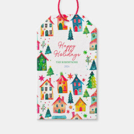 Christmas Houses Happy Holidays Gift Tags Geschenkanhänger