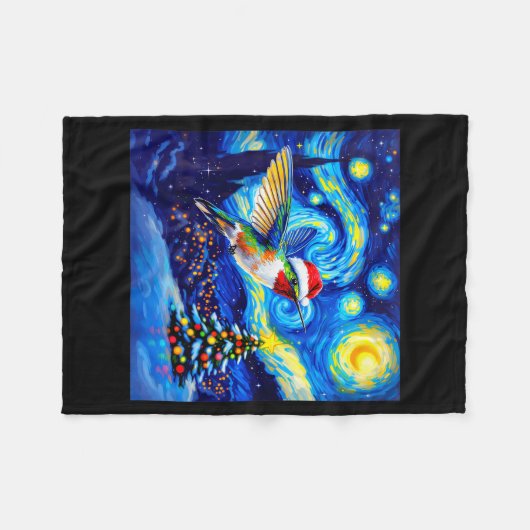 Christmas Hummingbird Santa Hat Van Gogh Starry Ni Fleecedecke (Vorderseite (Horizontal))