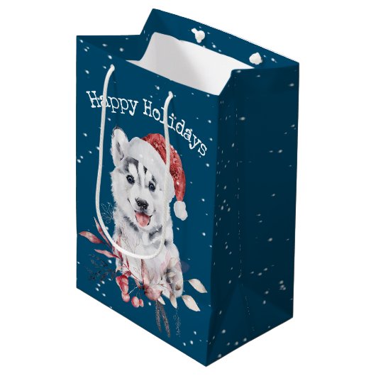 Christmas Husky auf blau Mittlere Geschenktüte (Vorderseite Schrägansicht)