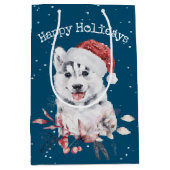Christmas Husky auf blau Mittlere Geschenktüte (Vorderseite)