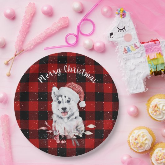 Christmas Husky auf Buffalo Kariert Pappteller (Party)