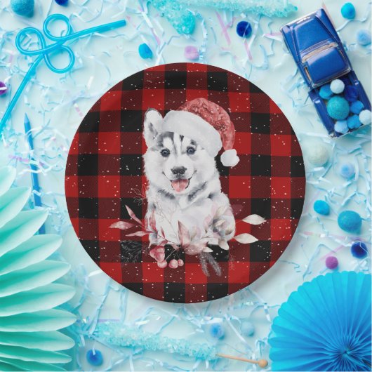 Christmas Husky auf Buffalo Karierte Papierplatte Pappteller (Party)