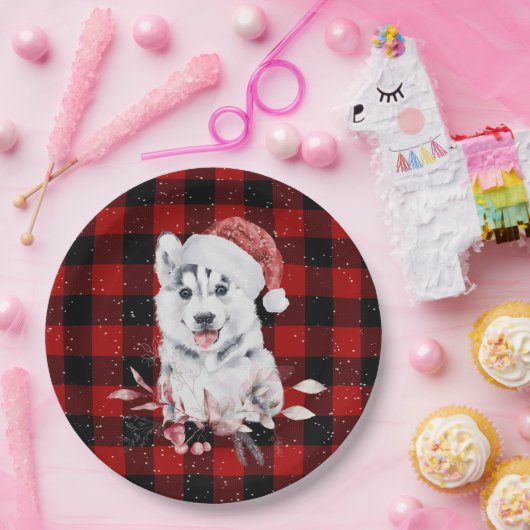 Christmas Husky auf Buffalo Karierte Papierplatte Pappteller (Party)