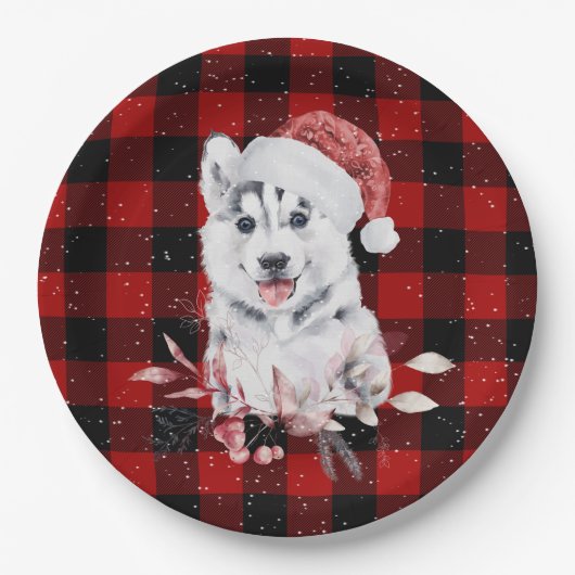 Christmas Husky auf Buffalo Karierte Papierplatte Pappteller (Vorderseite)