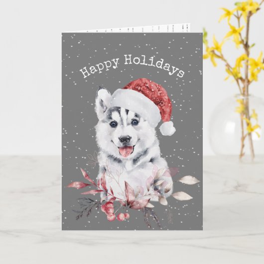 Christmas Husky auf Grau Karte (Gelbe Blume)