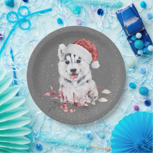 Christmas Husky auf Grau Pappteller (Party)