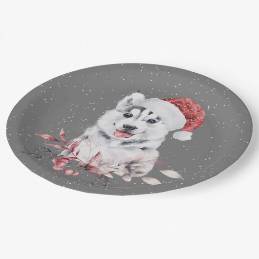 Christmas Husky auf Grau Pappteller (Schrägansicht)