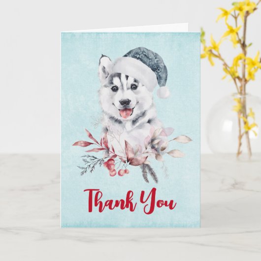 Christmas Husky Dog in einer Weihnachtsmannmütze D Karte (Gelbe Blume)