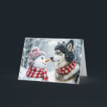Christmas Husky Dog und Snowman Friends Feiertagskarte<br><div class="desc">Ein Husky und ein Schneemann stehen inmitten einer schneebedeckten Landschaft</div>