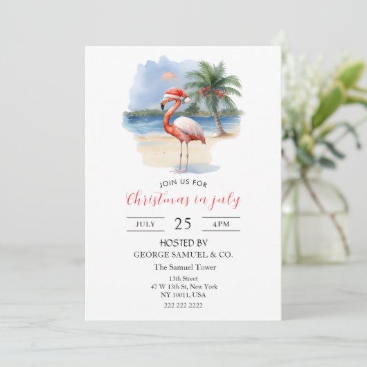 Christmas in July Custom Company Name Flamingo Einladung (Stehend Vorderseite)