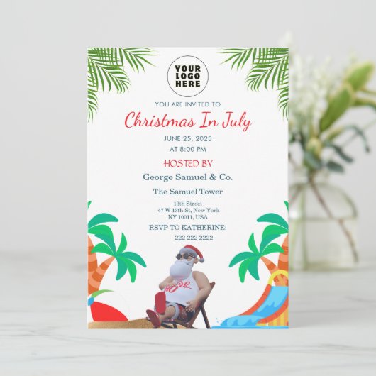 Christmas in July | Custom Company Name & Logo Einladung (Stehend Vorderseite)