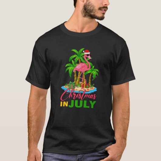 Christmas In July Flamingo Santa Hat Palm Tree Xma T-Shirt (Vorderseite)