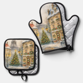 Christmas in Paris Apron | Watercolor Eiffel Tower Ofenhandschuh & Topflappen-Set