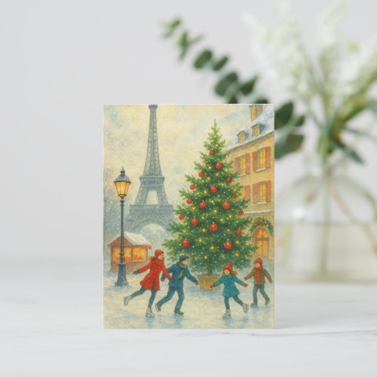 Christmas in Paris Postcard – Eiffel Tower Winter Postkarte (Stehend Vorderseite)
