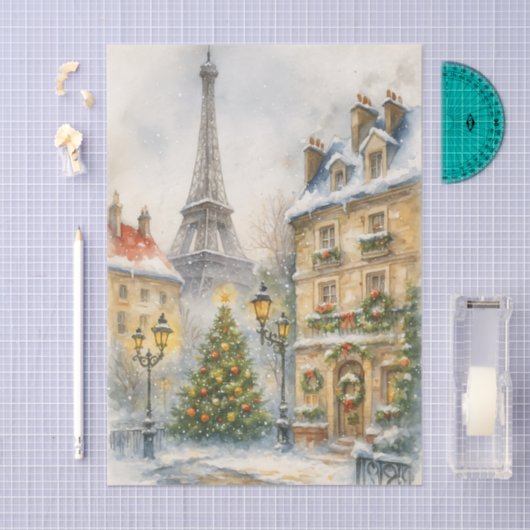 Christmas in Paris Watercolor Eiffel Tower Scene Seidenpapier (Handwerk)