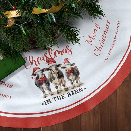 Christmas in the Barn Rustic Cows in Santa Hats Polyester Weihnachtsbaumdecke