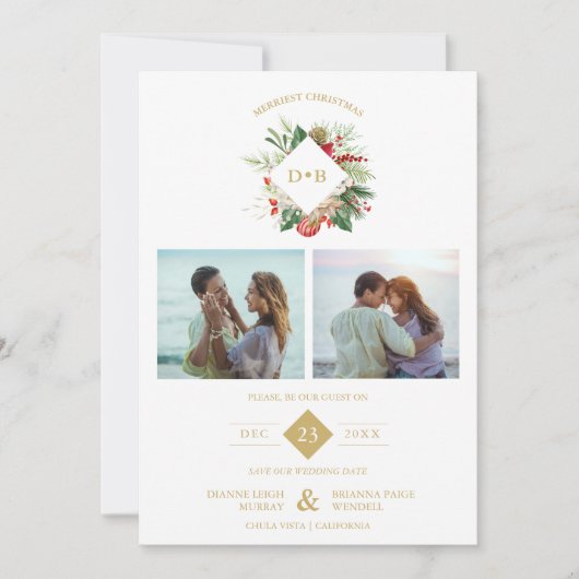 Christmas Initials Floral 2 Photos Collage Fancy Save The Date (Vorderseite)